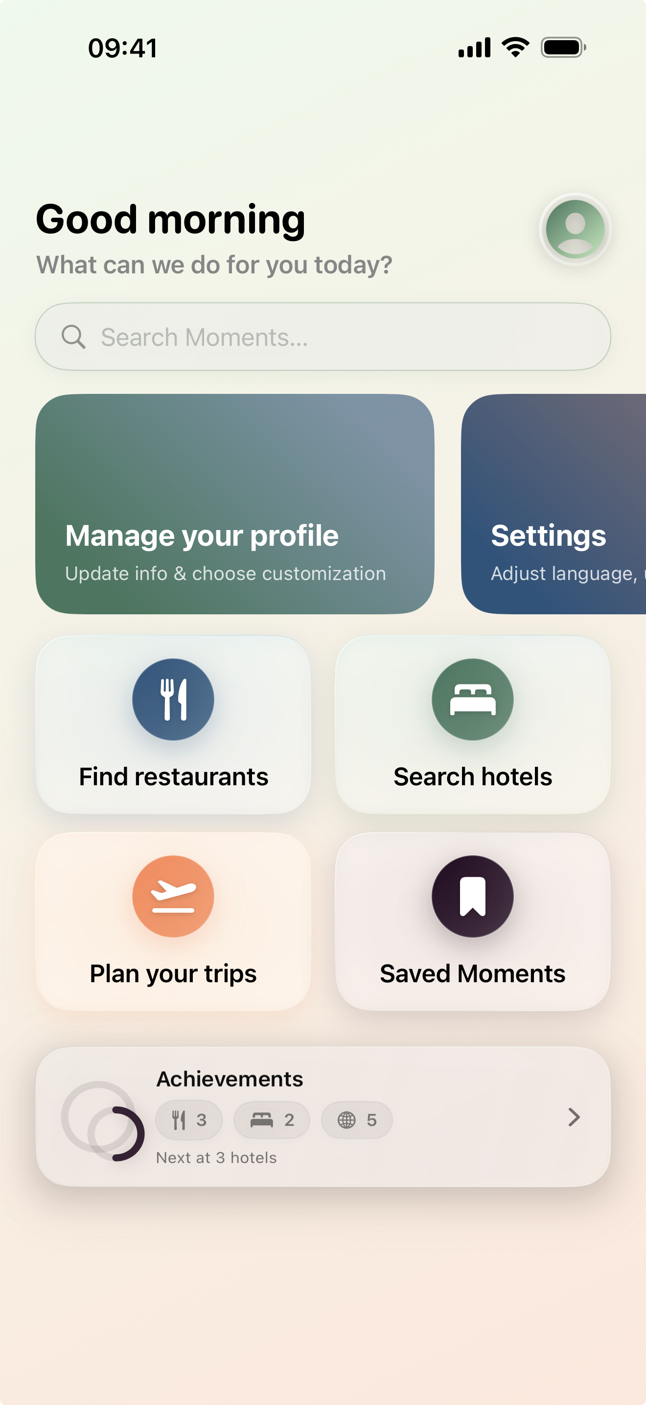 Home overview with search, quick actions, trips and achievements