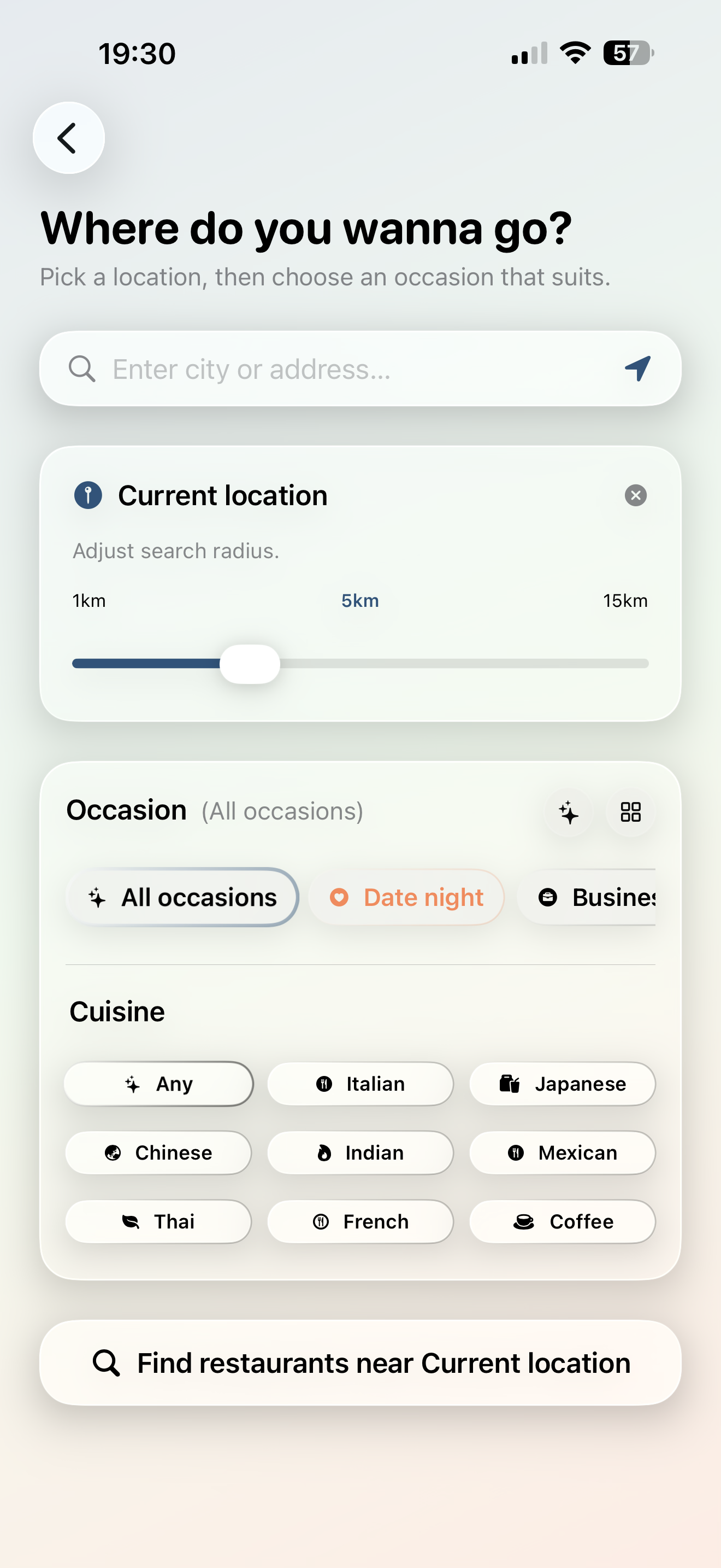 Restaurant search with location, radius, occasion and cuisine filters