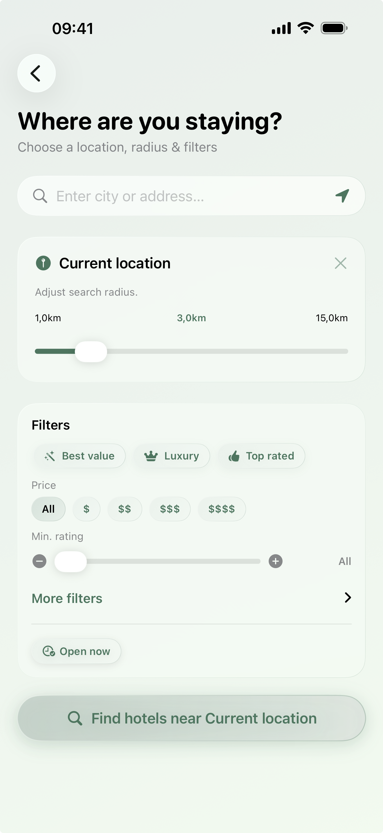 Hotel search with best value, luxury, top rated and price filters